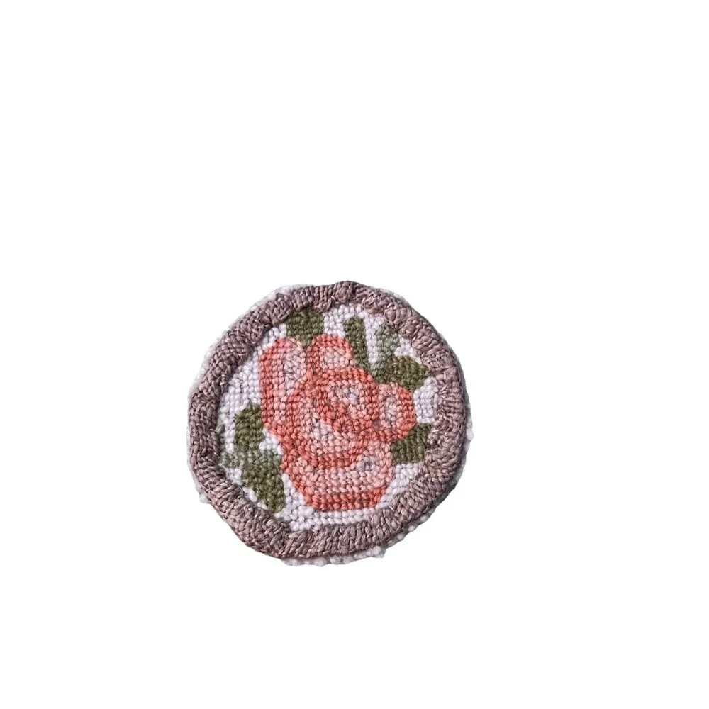 Handmade Punch Needle Coaster Floral Rose Cottage Cabin Rustic 3.25